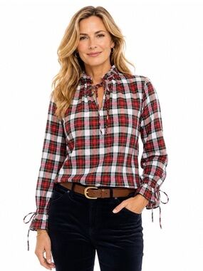 NWT Victoria Dunn plaid tie sleeve blouse, size L